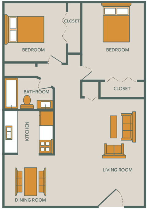 Floor plan for 2 beds, 1 bath, 800 sqft